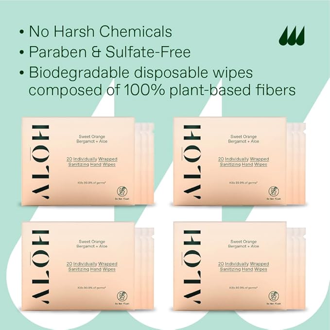 ALŌH Skin - Softening Sanitizing Hand Wipes – Sweet Orange Bergamot - 4 Boxes of 20 Individually Wrapped Wipes (80 wipes)