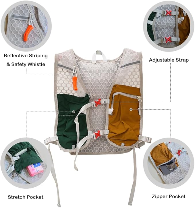 Lightweight Running Vest with 1L Hydration Bladder – 5L Trail Running Water Vest for Women & Men, Adjustable Fit Hydration Pack for Marathon, Jogging, Hiking, Cycling (Green/Grey/Pink)