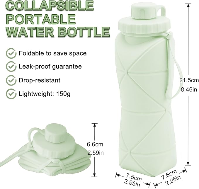 JINGYAN Collapsible Water Bottle 20oz, BPA-Free Silicone Foldable Design with Leak-Proof Lid & Lanyard - Portable Travel Water Bottle for Hiking, Gym, Camping (Green)