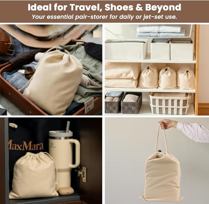 LFH Cotton Shoe Storage Bags with Drawstring, Dustproof Breathable Reusable Organizer, Perfect For Travel, Dorm, Hotel, College, Gym, Easy to Carry, Machine Washable 8"x17" (Pack of 4) - Natural