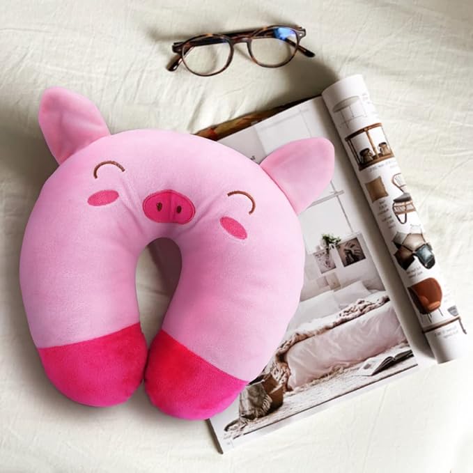 EKDJKK Travel Pillow for Kids, Cute Animal Neck Pillow Support U Shaped Cushion Plush Soft Rest Reading Pillow Sleeping Pillow for Airplane Train Car (Pink Pig)