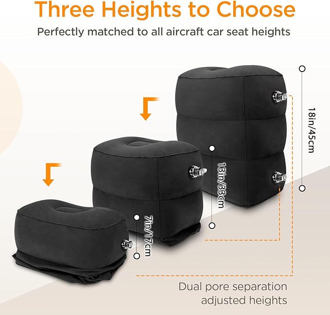 HOMCA Inflatable Travel Foot Rest Pillow (2-Pack) Adjustable Height Leg Pillow Fast Inflating Airplane Bed for Toddlers Footrest Pillow for Office, Airplane, Train, Cars, Home (Grey)