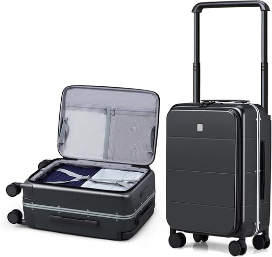 Hanke Top Opening Carry On Luggage, 20 Inch Zipperless Aluminum Frame Wide Handle Luggage, All-PC Hard Shell Trunk Suitcase with Spinner Wheels, TSA Airline Approved (Jet Black, 40L)