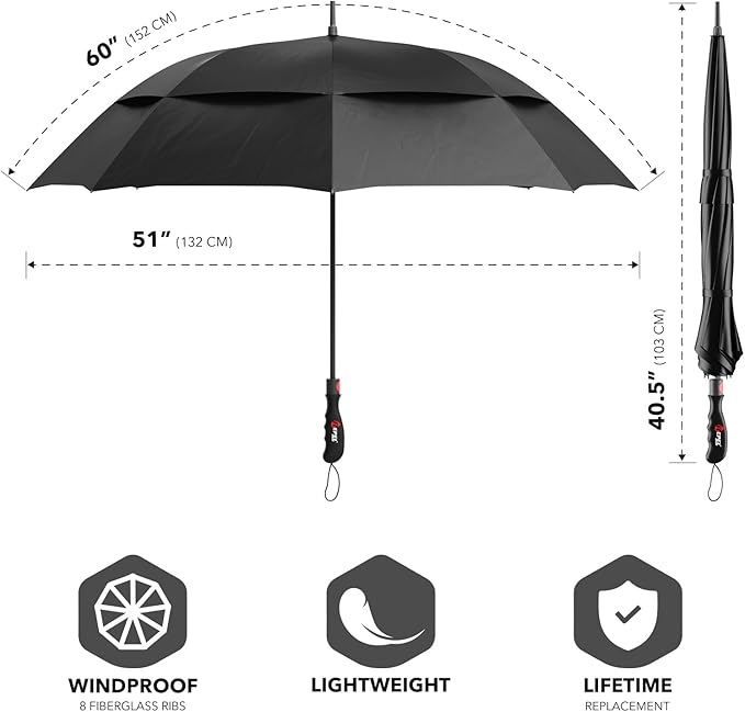 Repel Umbrella Extra Large Windproof Golf Umbrella - Covers 2 People - 60" Wide Vented Double Canopy with Reinforced Fiberglass Ribs, Waterproof Coated Canopy