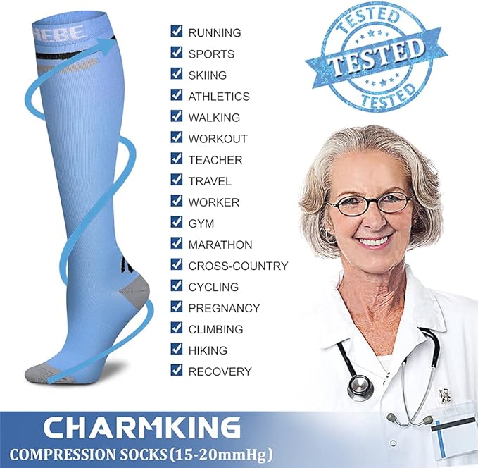 CHARMKING Compression Socks for Women & Men Circulation (8 Pairs) 15-20 mmHg is Best Support for Athletic Running,Cycling