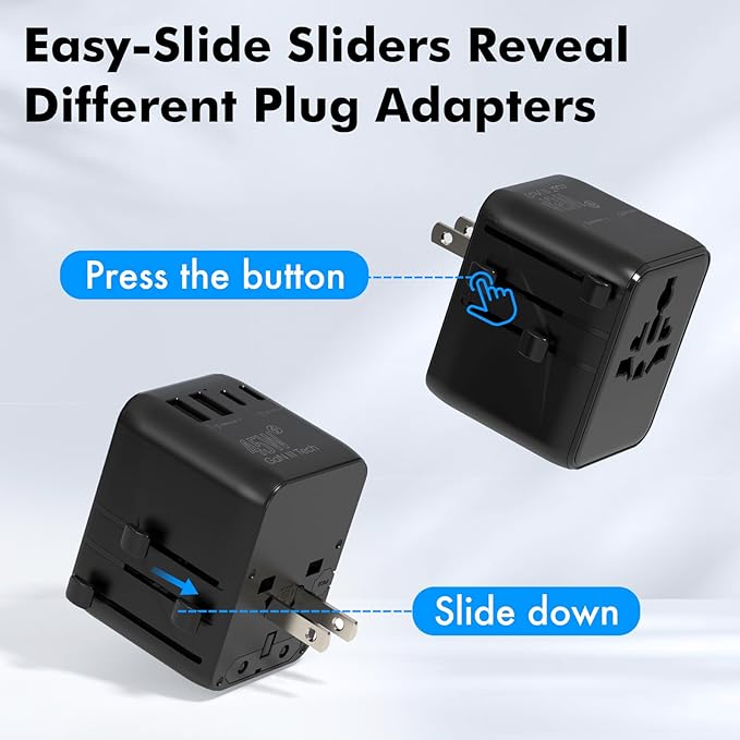 7 in 1 Travel Adapter Worldwide w/GaN 45W, 2 USB-A (15W), 3 USB-C (45W), 2 AC Outlets, Safety Certified International Plug Adapter for Universal Laptop, Phone, Camera for US, EU, UK, AU