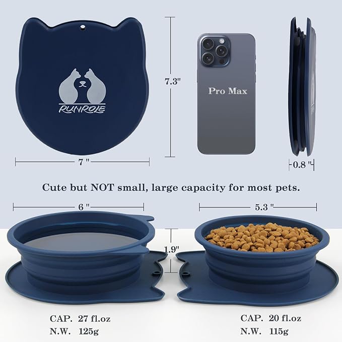 RUNROLE 2-in-1 Collapsible Silicone Dog Travel Bowls, Slot Together and Use Separately, Portable Pet Food Water Bowls, Foldable Cat Feeding Watering Dishes, 20OZ+27OZ(Navy Blue)