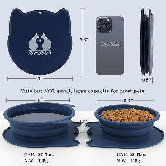 RUNROLE 2-in-1 Collapsible Silicone Dog Travel Bowls, Slot Together and Use Separately, Portable Pet Food Water Bowls, Foldable Cat Feeding Watering Dishes, 20OZ+27OZ(Navy Blue)