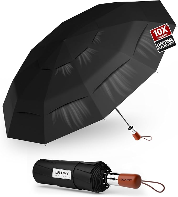 Umbrellas for Rain, 47" Large Windproof Travel Umbrella, Triple-Layer Vented Canopy, 10 Fiberglass Ribs, Auto Open Close Compact Umbrella, Wooden Handle, Heavy Duty for Commute, Gifts for Men & Women