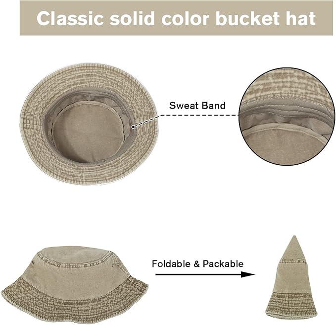 Washed Cotton Bucket Hats Packable Summer Outdoor Cap Travel Beach Sun Hat Plain Colors for Men Women
