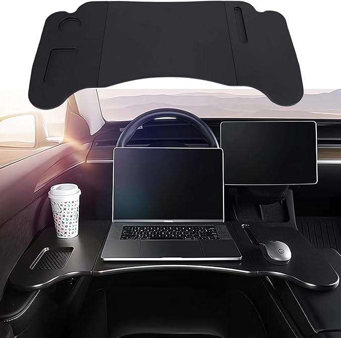 Car Laptop Desk, 2025 Upgraded Foldable Car Tray Desk Compatible with Tesla Model Y Model 3 Car Accessories, Steering Wheel Eating Table, for Travel Remote Work Camping