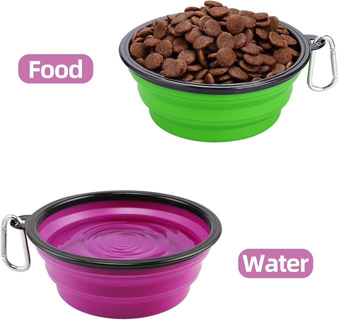 Kytely Large Collapsible Dog Bowls 2 Pack, 34oz Foldable Dog Travel Bowl, Portable Pet Water Food Bowl with Clasp, Pet Cat Feeding Cup Dish for Traveling, Walking, Hiking (Green+Purple)