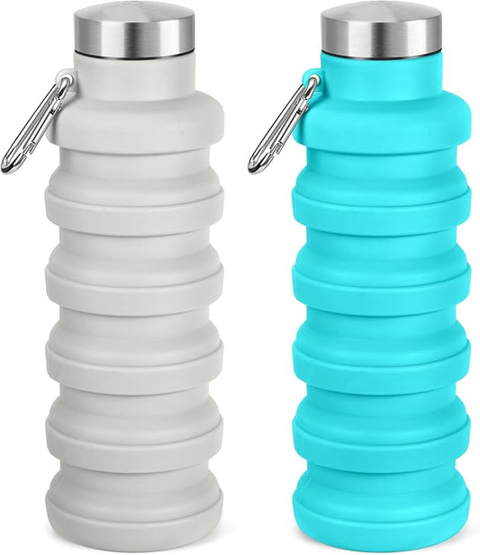 Collapsible Water Bottle, 16oz Portable Reusable Silicone Water Bottle, BPA-Free Leak-Proof Foldable Design with Carabiner, Lightweight Durable for Gym, Travel, Camping, Hiking, Sports(Gray+Blue)