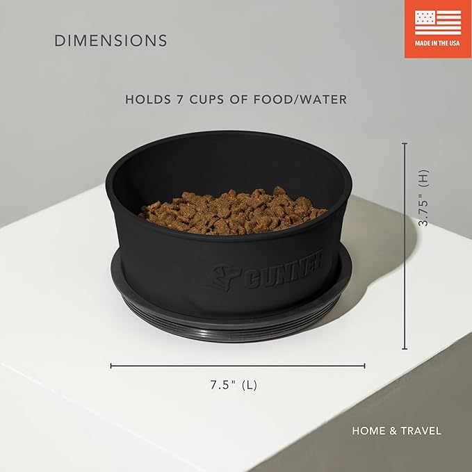 GUNNER Dog Bowl with Spill-Proof Travel Lid – 7.5" x 3.75", 1.3 lb, 7-Cup Capacity, BPA-Free, Rust-Proof, Shock-Resistant, Stackable, Dishwasher Safe, Leak-Resistant Nesting Lid – Black