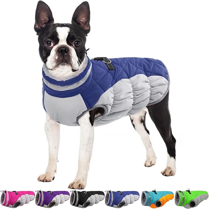 OUOBOB Dog Jackets for Medium Dogs,Medium Dog Coat,Warm Pet Winter Coat Zip Up Back,Waterproof Dogs Jacket with D-Ring,Pet Cold Weather Coats with Fleece Lined, Snowsuit Pug Boston Terrier,Blue,M