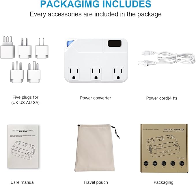 250W Conversion Plug, International Travel Converter with 2 USB and 2 USB-C Ports, lowering 220V to 110V for 100V-240V Areas and Different Countries Plugs Using US Electrical Devices