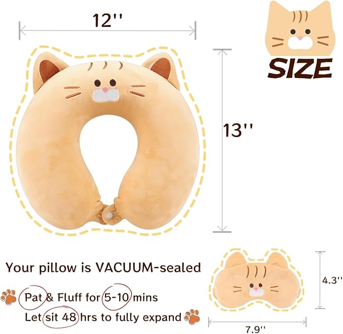 Kids Neck Pillow for Travel with Sleep Eye Mask, Cute Travel Neck Pillow, Memory Foam Flight Sleeping Headrest Pillow for Boys & Girls, Airplane, Train, Car, Home Use - Ginger Cat