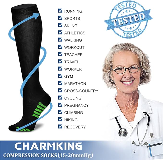 CHARMKING Compression Socks for Women & Men Circulation (8 Pairs) 15-20 mmHg is Best Support for Athletic Running,Cycling