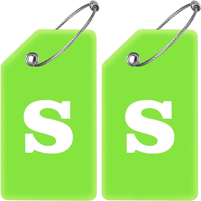 Gostwo 2 Pack Silicone Luggage Tags for Suitcases, 26 Initial Letter Baggage Labels Handbag School Bag Suitcase Instrument Tag with Stainless Steel Loop(Green)(Letter S)