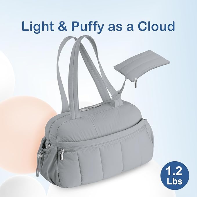 TOPDesign Travel Duffel Bag for Women, Puffer Gym Bag Sports Tote with Wet Pocket, Carry On Weekender with Luggage Sleeve (Light Grey)