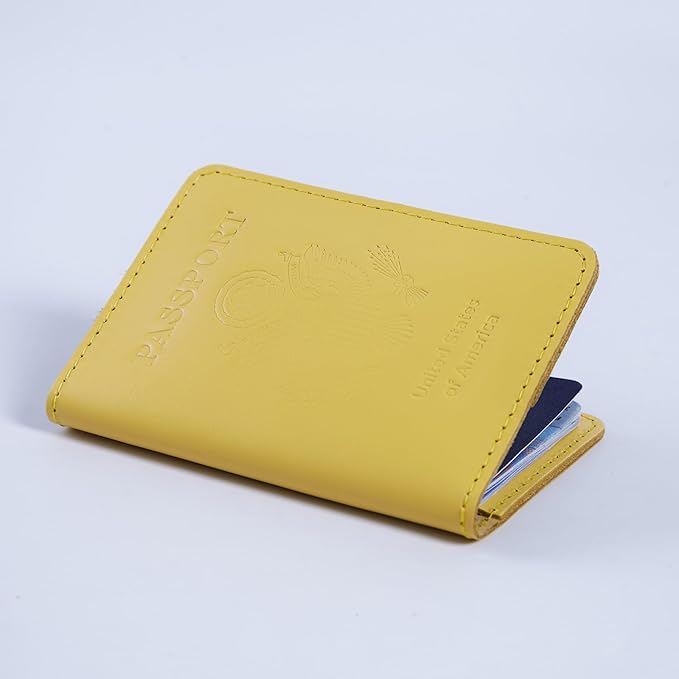 INCARNE US Passport Cover Clear - Travel Passport Wallet - Leather Passport Holder for Men Women Family with Card Slots & Note Compartmen - Sleeve Protector - Genuine Leather - Classic Yellow