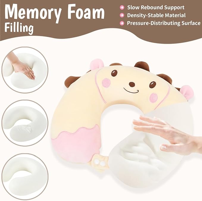 Sexysamba Travel Pillow for Kids Adults with Sleep Eye Mask Cute Cartoon U Shaped Memory Foam Neck Pillows for Travel Head Rest & Neck Support for Airplane, Car, Office Sleeping, Cream Hedgehog