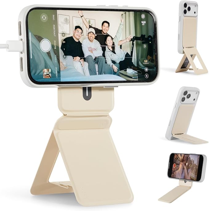 MOFT Phone Tripod Stand Selfie Stick for iPhone, Multi-Angles iPhone Stand, Lightweight & Portable Phone Holder, Strong Magnets, MOVAS Vegan Leather, Earthen Beige (Without Card Slot)