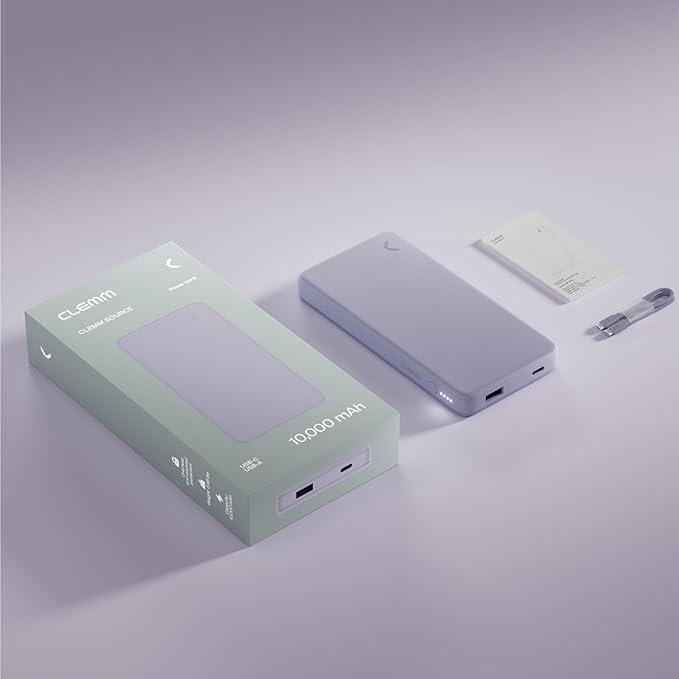 Clemm Portable Charger 10,000mAh Dual Port (USB-A, USB-C) (Lavender)