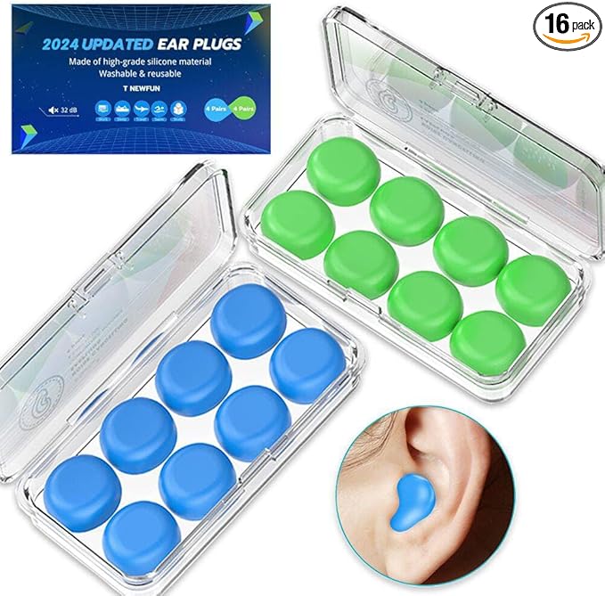 Silicone Ear Plugs for Sleeping Swimming,Reusable Moldable Noise Cancelling Earplugs for Shooting Range, Swimmers, Snoring, Airplanes, Travel, Work, Studying, (16-Pillows)