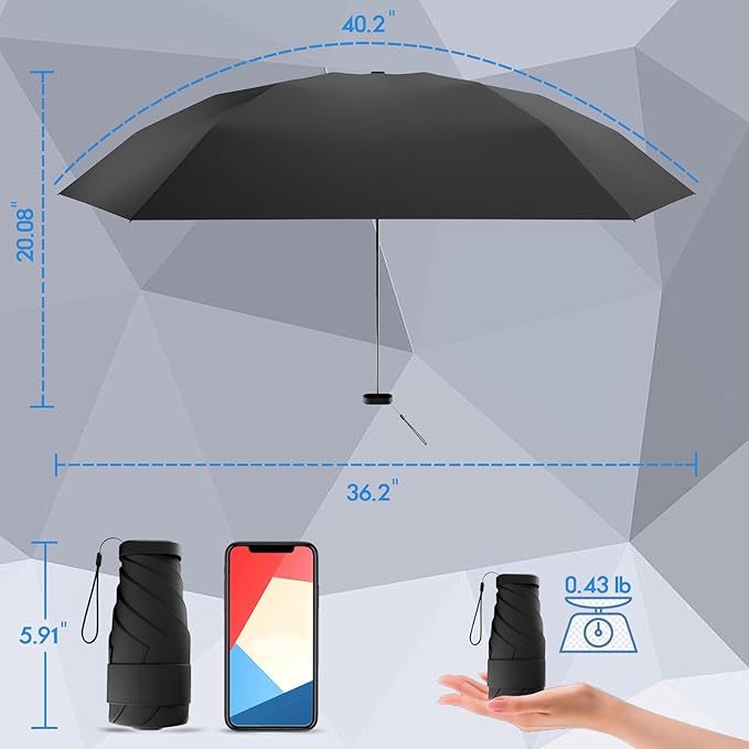 Windproof Mini Travel Folding Umbrella - UPF 50+ Sun & Rain Protection, Small Compact Lightweight Design Fits in Pocket or Bag, Eco-Friendly Fabric Wallet Umbrella for Commuter, Men Women Boys Girls