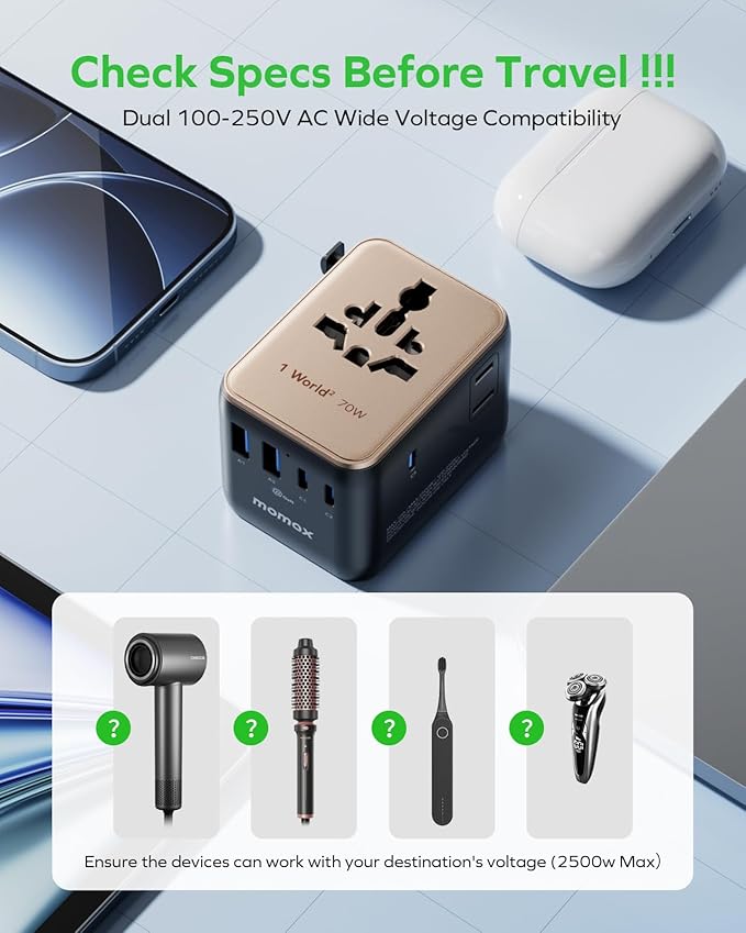 MOMAX Mini 7-in-1 Universal Travel Adapter, GaN 70W International Power Adapter, 2 AC, 3 USB-C PD Fast Charging & 2 USB-A QC, Travel Essentials for All European Travel Plug Adapter UK AUS JP
