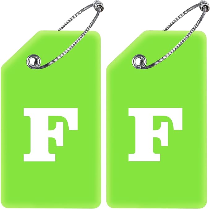Gostwo 2 Pack Silicone Luggage Tags for Suitcases, 26 Initial Letter Baggage Labels Handbag School Bag Suitcase Instrument Tag with Stainless Steel Loop(Green)(Letter F)