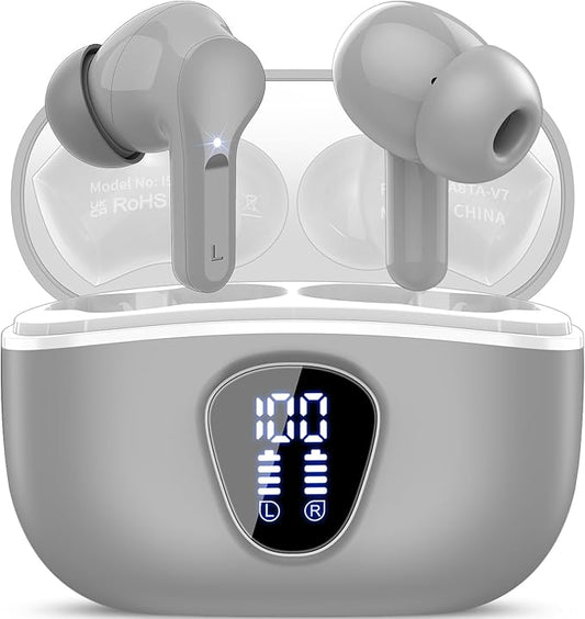 Wireless Earbuds, Bluetooth 5.4 Headphones HiFi Stereo, Bluetooth Earbuds with ENC Noise Cancelling Mic, IP7 Waterproof in Ear Earphones, 48H, LED Display Ear Buds for Pad Phones Workout Sports, Grey