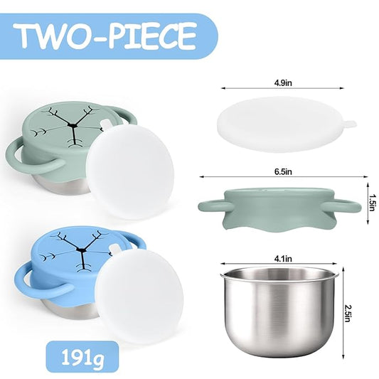 Mity rain 2-Pack Stainless Steel Snack Containers for Kids with Spill-Proof Silicone Lids & Handles - 3-in-1 Baby Snack Cups, Reusable No-Spill Toddler Snack Box, Perfect for On-The-Go Healthy Eating