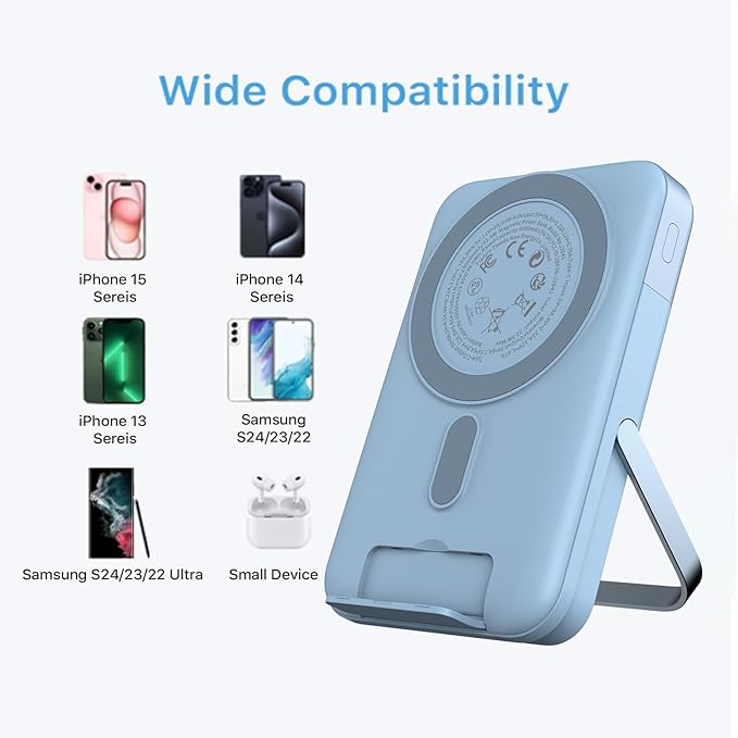 Magnetic Power Bank, 10000mAh Portable Charger, 22.5W Fast Wireless Battery Pack with LED Display, Portable Phone Charger with Stand for iPhone 17/16/15/14/13 Series (Blue)