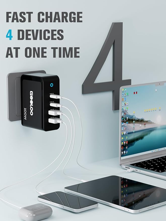 GOOLOO 100W USB C Charger Block, 4-Port Foldable Compact Fast Wall Charger for MacBook Pro/Air/iPad/iPhone Series and More, SuperSafe Power Adapter for GT3000/GT4000S/GT4000/GT6000/A7 Jump Starters