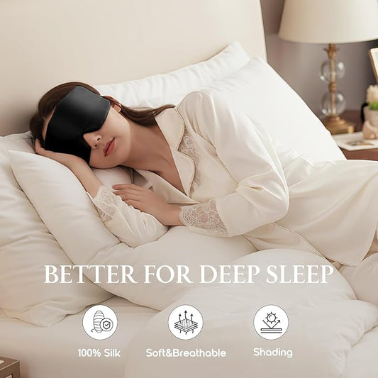 100% Mulberry Silk Sleep Mask, Eye Mask for Deep Sleep and Travel, Soft Breathable Eye Cover with Adjustable Headband (Black)