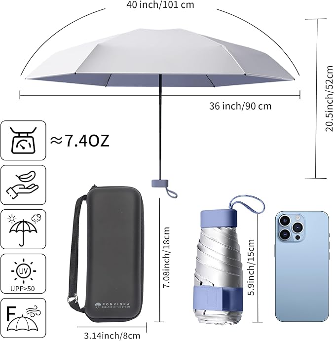 Compact Mini Windproof Travel Umbrella-UPF 50+ Sun & Rain Protection, Small Folding Design Fits in Pocket or Purse, Lightweight Portable with Case for Women, Men & Kids