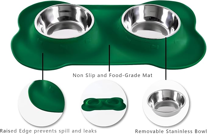 Hubulk Pet Dog Bowls 2 Stainless Steel Dog Bowl with No Spill Non-Skid Silicone Mat + Pet Food Scoop Water and Food Feeder Bowls for Feeding Small Medium Large Dogs Cats Puppies (Large, Hunter Green)