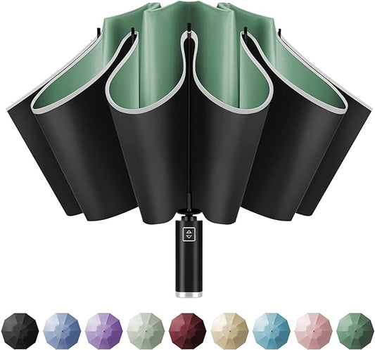 Yoobure Inverted Windproof Travel Umbrella - Automatic Umbrellas for Rain, Compact Folding with Reflective Stripe, Portable Large for Backpack, Lightweight with Sun UV Protection