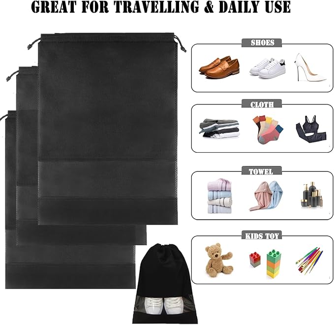 12pcs Non-woven Shoe Bags for Travel 12.6" X 17.3" Portable Shoe Bags with Clear Window, Large Drawstring Dustproof Travel Shoe Storage Bag for Men & Women, Black,XL Size