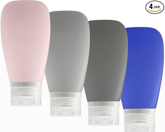 Travel Bottles for Toiletries, TSA Approved 3oz (90ml) Leak Proof Silicone Refillable Squeeze Travel Size Containers BPA Free for Cleansers, Lotions, Shampoo 4pk color (P,G,Blk,Blue)