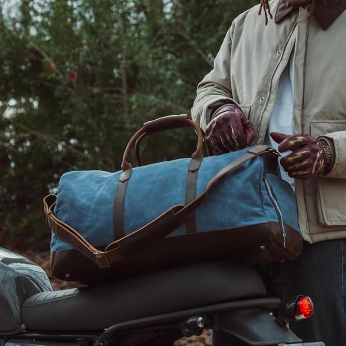 Waxed Canvas Weekender Duffle Bag, Vintage Style Travel Bag with Leather Trim, Army Green (Blue)