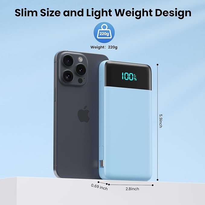 Portable Charger for iPhone with Built in Cables and Wall Plug,Upgraded 13800mAh Fast Charging USB C Power Bank,4 Outputs Travel Essential Battery Pack Compatible with iPhone 17/16/15/14,-Light Blue