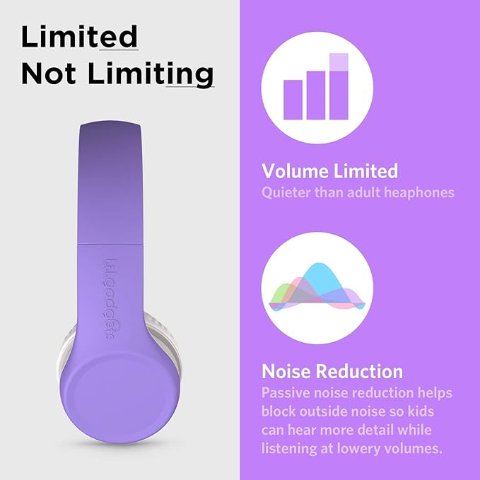 LilGadgets Connect+ Foldable Headphones, Adjustable Fit Soft Touch Padding for Kids with Mic, Volume-Limited & Noise Reduction On-Ear Wired Headset for School with SharePort - Purple, Ages 3-14