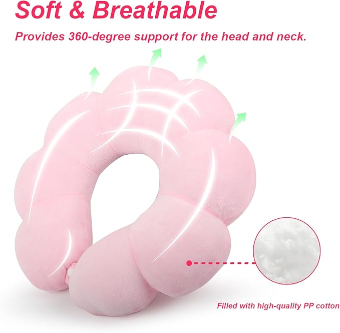 Sexysamba Flower Travel Neck Pillows for Airplanes Breathable Cotton U-Shaped Neck Pillow for Kids & Adults Head Neck Chin Support Rest Pillow for Traveling,Car,Train,Bus,Recline,Home,Office,Pink