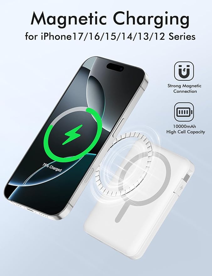 podoru for Magsafe Battery Pack, 10000mAh Magnetic Power Bank Built-in Double USB C Cables 22.5W PD Fast Charging LED Display Wireless Portable Charger for iPhone 17/16/15/14/13/12 Series-White
