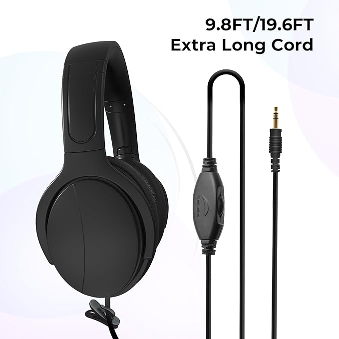 Long Cord Tv Headphones for Seniors with Volume Control Wired Over The Ear Headphone Corded Extra Long Cord Length Universal 3.5mm AUX Audio(19FT)