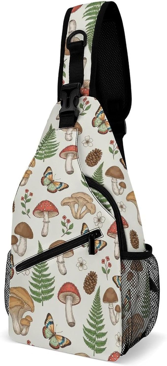SWEET TANG Anti Theft Sling Chest Bag Shoulder Backpack Mushroom Moth Floral Crossbody Bags Gym Sack, Polyester Daypack Lightweight for Men Women Travel Gym Sport Hiking