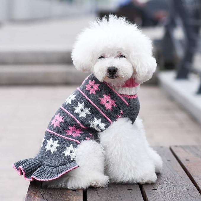 KYEESE Dog Sweater for Small Dogs Fall Winter Dogs Clothes Warm Pet Coats Pullover Knit Pullover for Girl Pet Sweater with Classic Snowflake Pattern Dog Sweater Dress with Leash Hole, Grey, X-Small